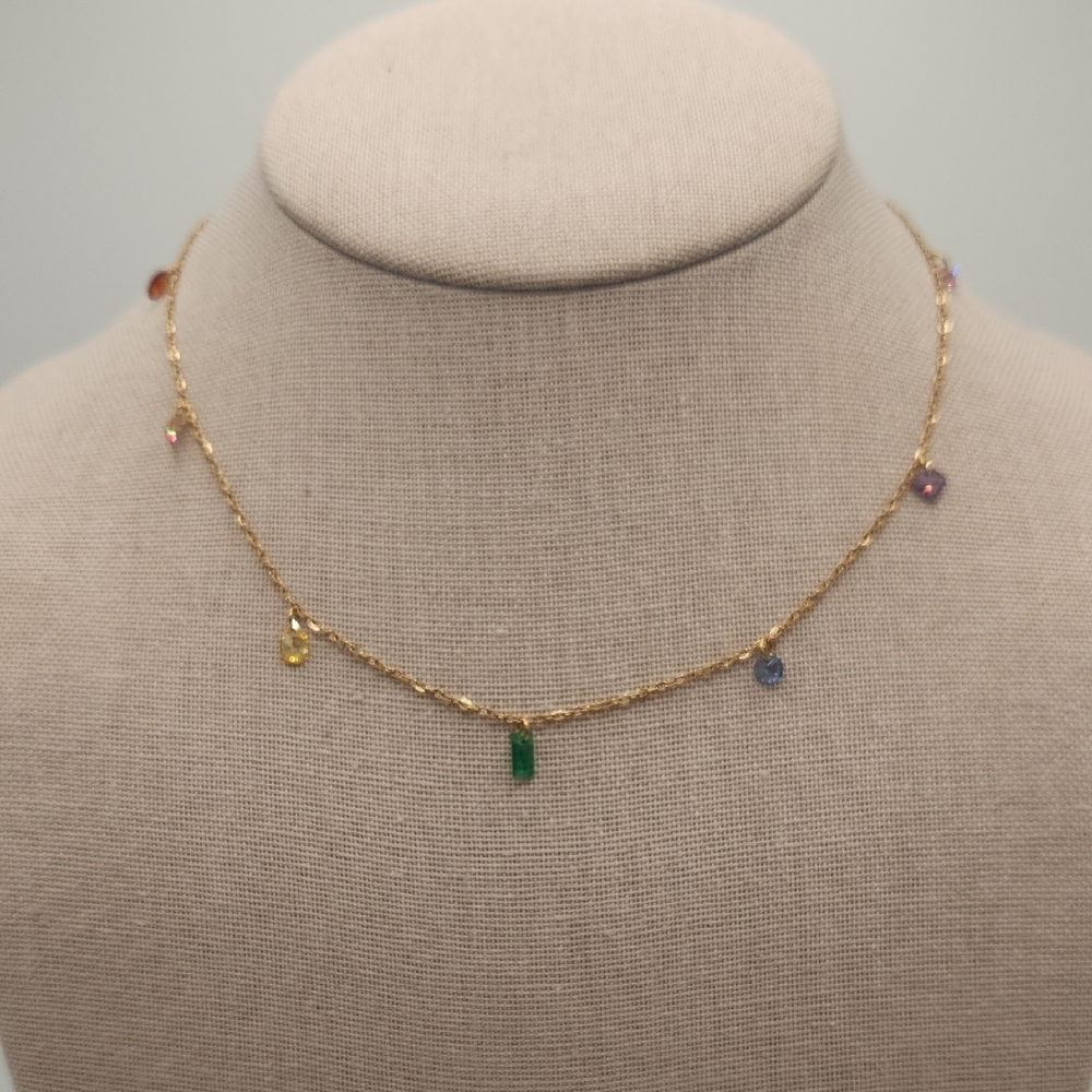 Elegant Gold Multicolor Simulated Gemstone Necklace, 18k Gold Plated SS - Picture 3 of 10